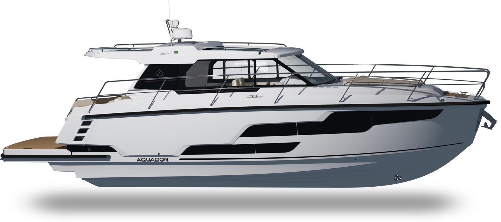 A sleek white motor yacht named "Aquador" with a modern design, featuring a spacious deck and large windows.